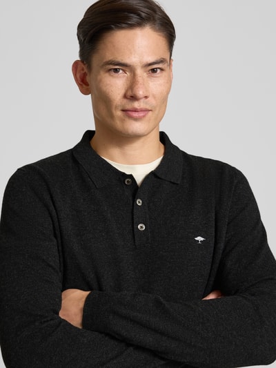 Fynch-Hatton Poloshirt van een mix van merinowol en kasjmier met labelstitching Antraciet - 3
