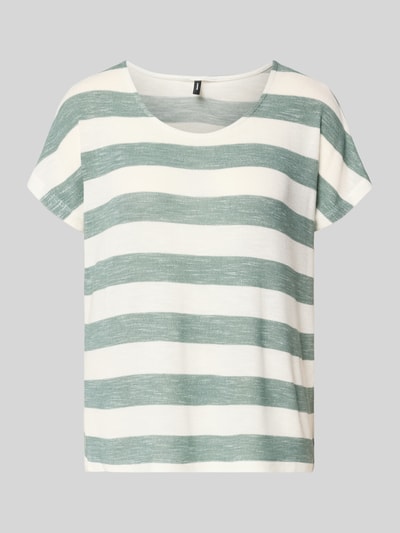 Produktfoto, Regular Fit T-Shirt aus Viskose-Mix Modell 'WIDE STRIPE' von Vero Moda in Grün-Weiß, Feinstrick, kurzarm, U-Boot-Ausschnitt, unifarben, asymmetrisch