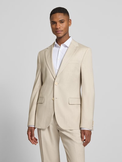 Männermodel trägt Slim Fit 2-Knopf-Sakko mit Pattentaschen von MCNEAL in Beige, Material-Mix mit Leinen, Ganzkörperansicht von vorne.