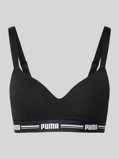 Produktfoto, Bralette mit Logo-Bund von PUMA in Schwarz mit Herzausschnitt, wattierten Cups, verstellbaren Trägern, Baumwollmischung mit Modal- und Stretch-Anteil, elastischer Logo-Bund.