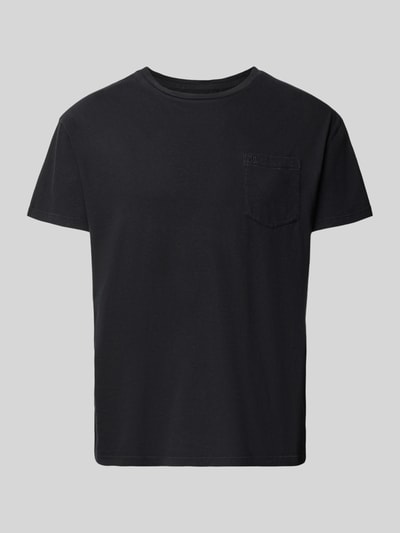Produktfoto, czarne T-Shirt aus Baumwoll-Leinen-Mix mit Brusttasche von Superdry, krój regular fit, okrągły dekolt, kieszonka na piersi, długość tyłu w rozmiarze M: 66 cm, wyraźna struktura materiału