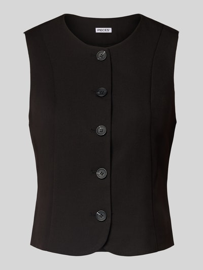 Produktfoto, schwarzes Shaped Fit Top mit Spitzenbesatz Modell 'KAMIL' von Pieces aus Satin mit Optik:Allover-Muster und tiefer V-Ausschnitt.