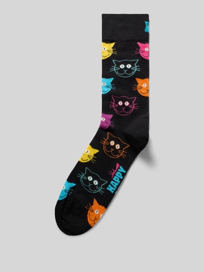 Produktfoto, Socken mit Label-Detail von Happy Socks, bunte Katzenköpfe auf schwarzem Stoff, elastischer Baumwoll-Mix, Allover-Motiv-Print