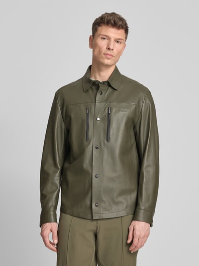 BOSS Green regular fit leren jack van echt lamsleer model 'LH_PS SPIRIT70 ST' - Porsche x BOSS Olijfgroen - 4