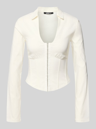 Produktfoto, Slim Fit Bluse aus Viskose-Mix in Korsett-Optik von Gina Tricot, V-Ausschnitt, langärmelig, Hakenverschluss, Umlegekragen, weiß