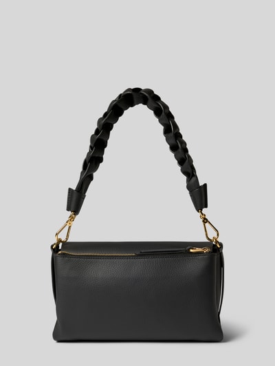 Produktfoto, Shoulder Bag mit Logo-Print Modell 'Grana' von Coccinelle in Schwarz mit strukturierter Oberfläche, goldene Details, geteilter Innenraum und abnehmbarer, geflochtener Schulterriemen, Maße 28x17x10 cm, Länge Schulterriemen 130 cm.