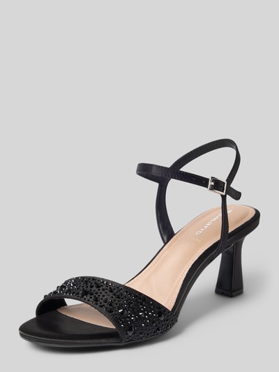 Produktfoto, Sandaletten mit Strassstein-Besatz von Tamaris in Schwarz, schimmernde Optik, Peep Toe, Stilettoabsatz, strukturierte Sohle