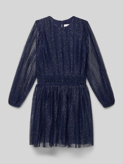Productfoto, donkerblauw Minikleid met Rundhalsausschnitt van DANAMADE, getailleerd, smok-details, ondoorzichtig onderjurk, met glinsterende structuur.