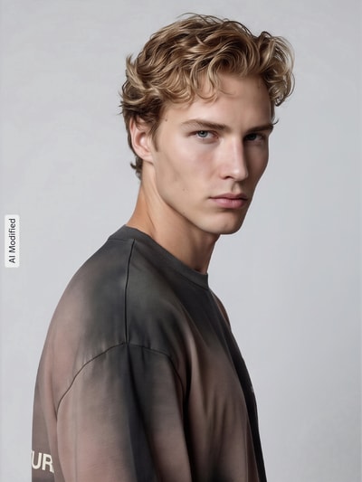 Männermodel trägt Oversized Sweatshirt aus reiner Baumwolle Modell 'FADE' von Don’t Waste Culture, sanfte Farbverläufe, Nahaufnahme Oberkörper, KI-modifiziertes Bild.