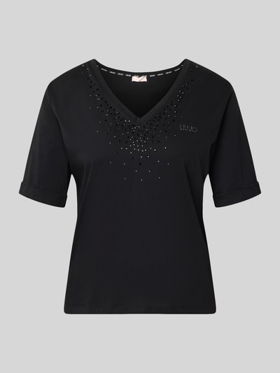 Produktfoto, schwarzes T-Shirt mit Strasssteinbesatz und V-Ausschnitt von LIU JO SPORT aus Baumwolle, gerader Schnitt, Logo-Print, glatte Textur