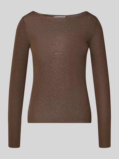 Produktfoto, Longsleeve aus Viskose-Mix von ZABAIONE in Braun, semitransparentes Design, körpernaher Schnitt, U-Boot-Ausschnitt, Rückenlänge 54 cm in Größe S