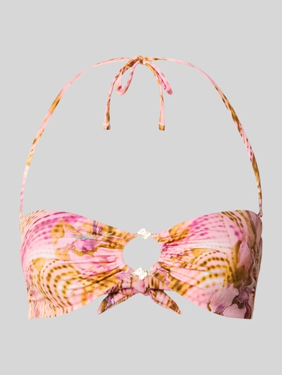 Produktfoto, Slim Fit Bikini-Oberteil mit Logo-Detail Modell 'Ines' von Guess für Damen, Elastischer-Material-Mix, pink-gelb gemustert, glänzende Textur