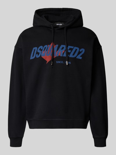 Produktfoto, Relaxed Fit Hoodie aus reiner Baumwolle von Dsquared2, zwart met blauw-rood logo, labeldetail, capuchon met tunnelkoord, elastische boorden