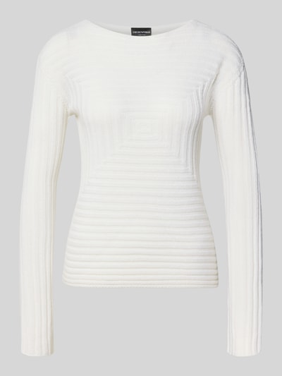 Produktfoto, Strickpullover mit Strukturmuster von Emporio Armani in Weiß, taillierte Passform, Rundhalsausschnitt, langärmelig, feine Textur