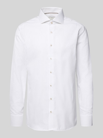 Produktfoto, weißes Slim Fit Business-Hemd mit Kentkragen von ETERNA, feine graue Streifen, reine Baumwolle, durchgehende Knopfleiste, langärmelig, Sportmanschetten