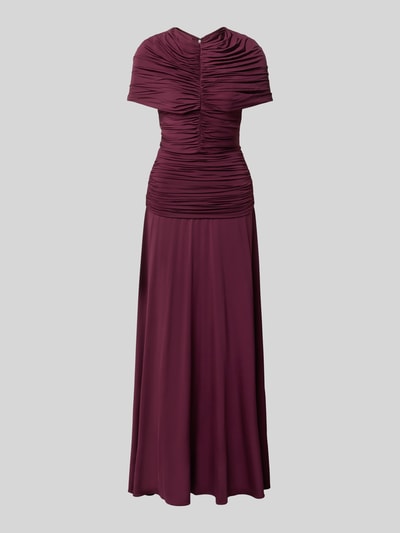 Produktfoto, Abendkleid aus Viskose-Mix mit Raffungen von Self-Portrait in dunklem Bordeauxrot, taillierte Passform, V-Ausschnitt, Kurzarm, strukturierte Oberfläche, elastischer Stoff.
