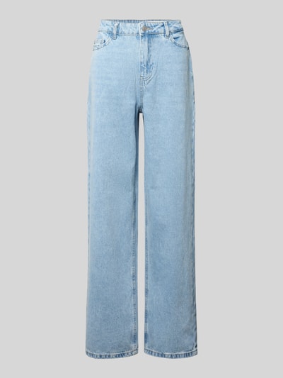 Produktfoto, Wide Fit Jeansy z 5 kieszeniami Model 'ALEXA' od Noisy May, czysta bawełna, luźny krój, jasnoniebieski denim, zapięcie na guzik i zamek błyskawiczny, szerokość w pasie 39 cm rozmiar 27/32, długość wewnętrzna nogawki 82 cm.