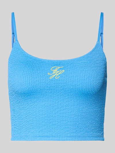 Produktfoto, Bikini-Oberteil mit Logo-Stitching von TOMMY HILFIGER in Optik: Unifarben, Struktur, U-Ausschnitt, Crinkle-Optik, blaue Farbe.