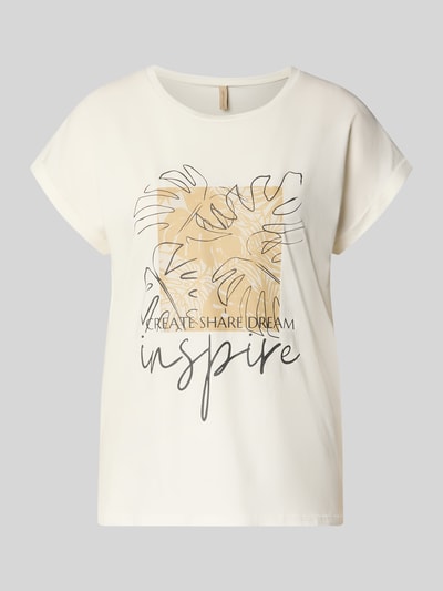 Produktfoto, Damen T-Shirt mit Motiv-Print aus Baumwoll-Mix mit Stretch-Anteil, T-Shirt mit fixiertem Ärmelaufschlag Modell 'RINA' von Soyaconcept, Gerader-Schnitt, Rundhalsausschnitt, Rückenlänge bei Größe S 62 cm, cremefarbene Grundfarbe, dezente Textur.