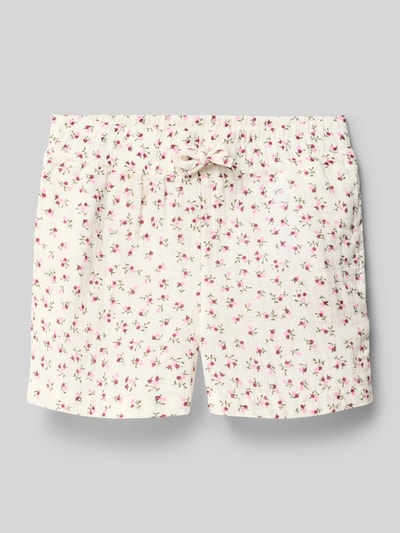 Produktfoto, Regular Fit Bermudas aus reiner Baumwolle Modell 'THYRA' von Only, Optik: Allover-Muster, Passform: Regular-Fit, florales Muster, Bundabschluss: elastisch, seitliche Eingrifftaschen, Material: reine Baumwolle, helle Grundfarbe mit rosa Blüten und grünen Details, feine Struktur.