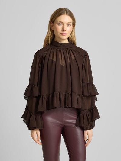 Gestuz Blouseshirt met volants, model 'mio' Donkerbruin - 4