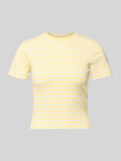 Produktfoto, Slim Fit T-Shirt mit Viskose-Anteil Model: 'LUPE' von ONLY Damen T-Shirt in Gelb mit weißen Streifen, feine Rippenstruktur