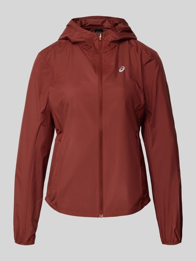 Produktfoto, rostrote Regular Fit Jacke mit Logo-Print von ASICS, glatte Oberfläche, Kapuze, Reißverschluss, Damenmodell, 62 cm Rückenlänge, 42 cm Schulterbreite, 50 cm Brustweite, 60 cm Ärmellänge.