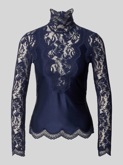 Produktfoto, Slim Fit Bluse mit Spitzenbesatz von Rabanne in Dunkelblau, elastischer Satin, Stehkragen, langärmelig, feine Spitzen-Textur