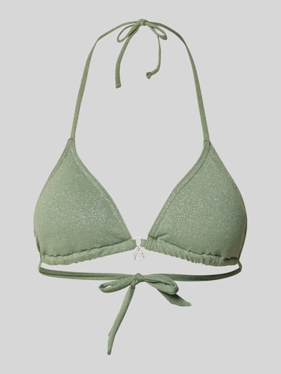 Produktfoto, Schimmerndes Bikini-Oberteil Modell 'CRICO SPARKLESUN' von Banana Moon, Material-Mix mit Stretch-Anteil, Körpernahe Passform, Schimmernd, rückseitige Schnürung, zartgrün mit Glitterdetails, weiche Textur, Dreiecksform.