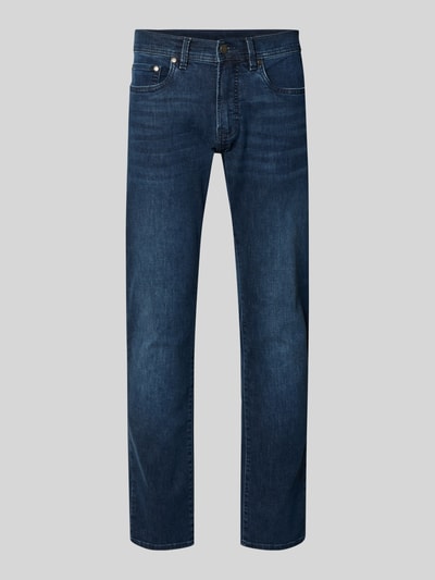 Produktfoto, Jeans im Used-Look Modell 'Lyon' von Pierre Cardin in Blau mit Regular Fit, sichtbare Baumwollstruktur, klassische 5-Pocket-Form.