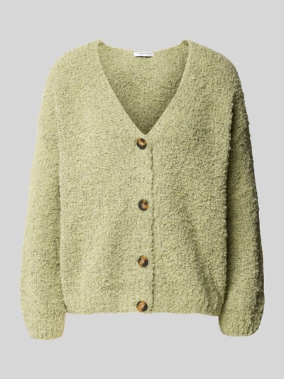 Produktfoto, Cardigan mit V-Ausschnitt Modell 'So44fia' von ZABAIONE, hellgrün, strukturierte Oberfläche, Knopfleiste, gerader Schnitt, Material-Mix mit Viskose-Anteil