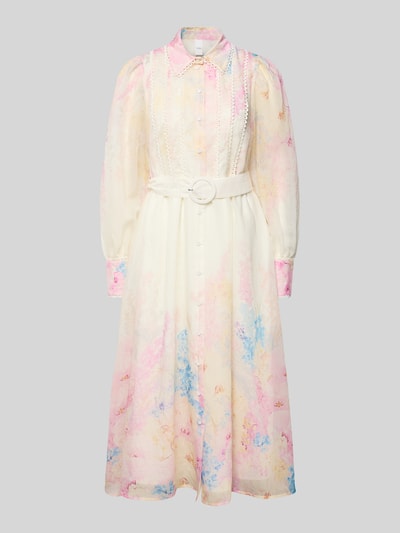 Produktfoto, Midikleid aus Lyocell-Mix Modell 'Florence' von YAS, floraler Allover-Print in Pastellfarben, Umlegekragen, Knopfleiste, Gürtel, langärmelig, taillierte Passform, zarte Textur