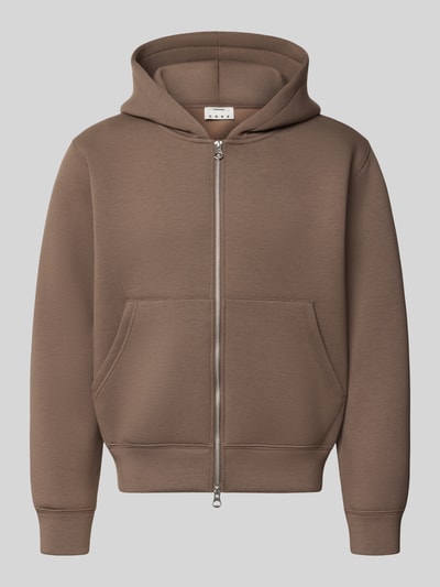 Produktfoto, Relaxed Fit Sweatjacke mit Zweiwege-Reißverschluss van JACK & JONES, heren sweatjack in bruine tint, elastische materiaalmix, kangoeroezak, elastische boorden, ruglengte maat M 65 cm, mouwlengte maat M 65 cm