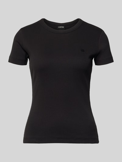 Produktfoto, schwarzes Slim Fit T-Shirt mit Logo-Stitching von G-Star Raw aus elastischem Baumwoll-Mix in feiner Rib-Optik, Rundhalsausschnitt.