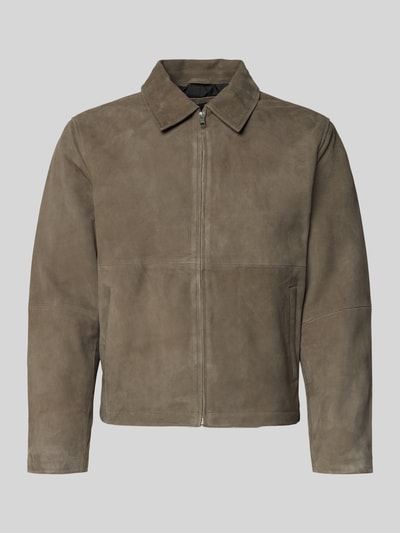 Produktfoto, Lederjacke mit Reißverschluss und Eingrifftaschen von Jack & Jones Premium, echtes Wildleder, Regular Fit, beige-braun, glatte Textur