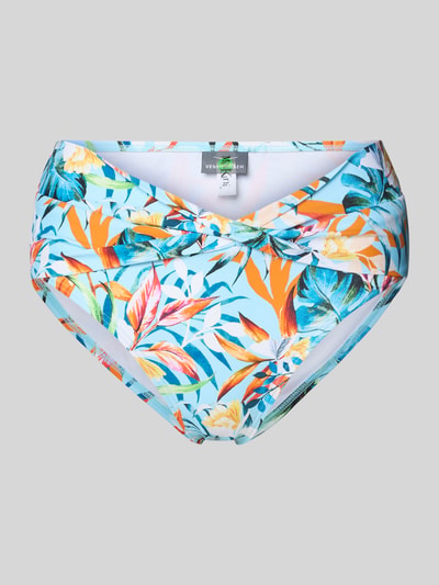 Produktfoto, Bikini-Slip im Allover-Look Modell 'Caru' von VENICE BEACH, bunte Blätter auf hellblauem Stoff, Material-Mix mit Stretch-Anteil, körpernahe Passform