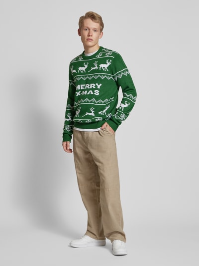 Only & Sons Weihnachtspullover mit Motiv- und Statement-Stitching Modell 'XMAS' Gruen 1