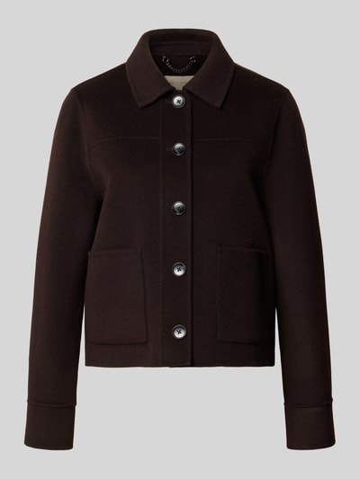 Produktfoto, Jacke aus Wolle mit Knopfleiste von Milano Italy in Dunkelbraun, aufgesetzte Taschen, Umlegekragen, Regular Fit, glatte Textur