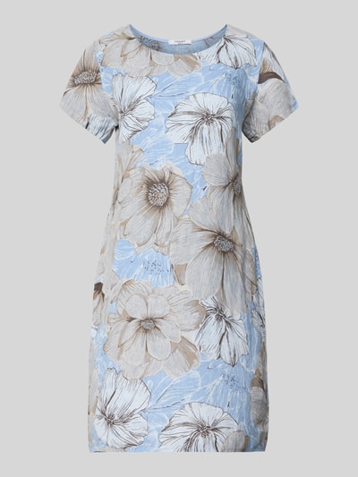 Produktfoto, Knielanges Kleid aus Leinen-Mix Modell 'Gi44nii' von ZABAIONE in Blau und Beige mit Allover-Look, Gerader-Schnitt, Rundhalsausschnitt, Damen Kleid, Leinen-Baumwoll-Anteil, Größe S: Rückenlänge 92 cm, Brustweite 45 cm, Ärmellänge 17 cm, zarte Blumenmuster und glatte Textur.
