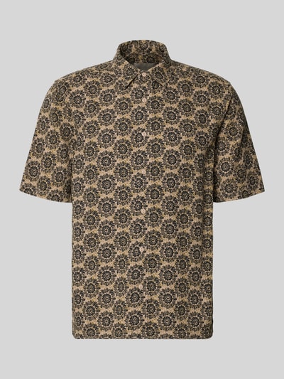 Produktfoto, Regular Fit Freizeithemd aus reiner Baumwolle Modell 'JOHNSON' von Only & Sons mit Optik:Allover-Muster, Kentkragen, einreihiger Knopfleiste, Kurzarm, Rumpfabschluss mit Seitenschlitzen, beige und schwarz, feine Baumwoll-Textur