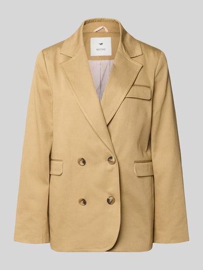Produktfoto, Regular Fit Blazer mit Doppelknopf-Reihe Modell 'Marlow' von Mustang, bawełna, krój regular fit, kołnierz z klapami, kieszenie z patkami, długość tyłu w rozmiarze S: 70 cm, szerokość w rozmiarze S: 39 cm, długość rękawa w rozmiarze S: 63 cm, kolor beżowy, gładka tekstura