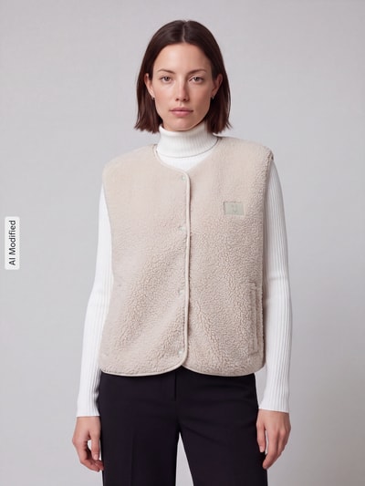 Frauenmodel trägt Regular Fit Weste mit Logo-Detail von Jake*s Casual in Beige mit strukturierter Wolloptik, Nahaufnahme Oberkörper, KI-modifiziertes Bild.