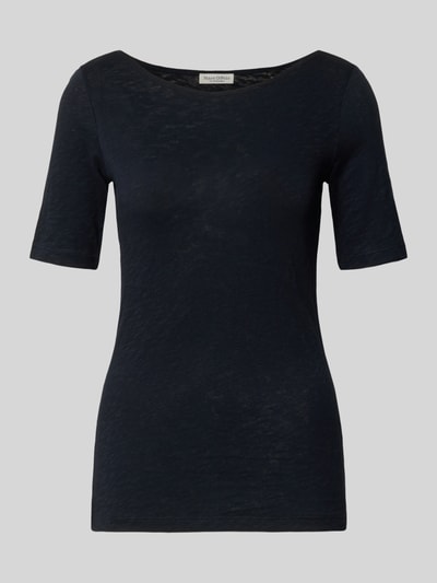 Produktfoto, T-shirt aus Slub Jersey von Marc O'Polo, damski t-shirt z bawełny, krój slim fit, okrągły dekolt, nadruk z logo na dole, długość tyłu w rozmiarze S: 64 cm, kolor ciemny, wyraźna faktura dżerseju