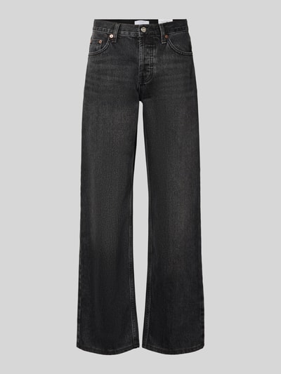 Produktfoto, Wide Leg Jeans im 5-Pocket-Design Modell 'EMBER' von Topshop, czarny denim, krój wide fit, bawełna, zapięcie na guzik i zamek błyskawiczny, szerokość w rozmiarze 26/32: 40 cm, długość wewnętrzna nogawki w rozmiarze 26/32: 80 cm