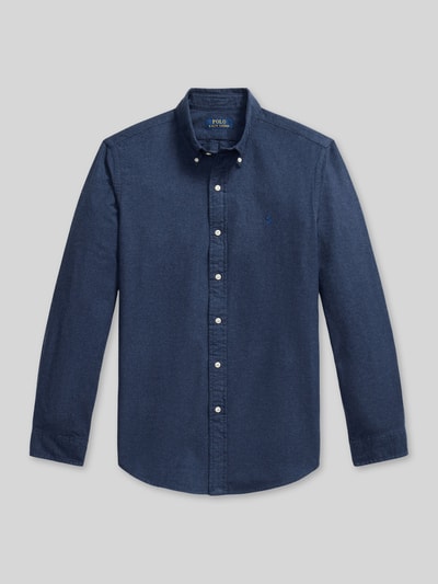 Produktfoto, dunkelblaues Custom Fit Freizeithemd aus reiner Baumwolle von Polo Ralph Lauren vor grauem Hintergrund, Herren Freizeithemd