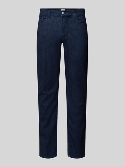 Produktfoto, Slim Fit Jeans mit Viskose-Anteil Modell 'Chuck' von BRAX, dunkelblauer Baumwoll-Mix, 5-Pocket-Design, glatte Textur