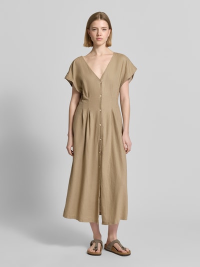 ICHI Midikleid aus Leinen-Viskose-Mix mit V-Ausschnitt Taupe 4