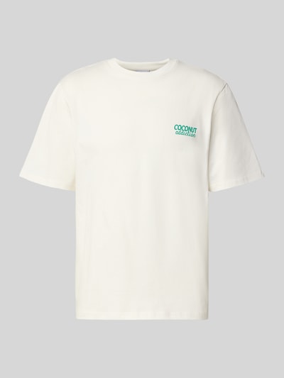 Produktfoto, Relaxed Fit T-Shirt aus reiner Baumwolle von REVIEW, weiß mit Motiv-Print, gerippte Blende, kurzärmeliges Design.