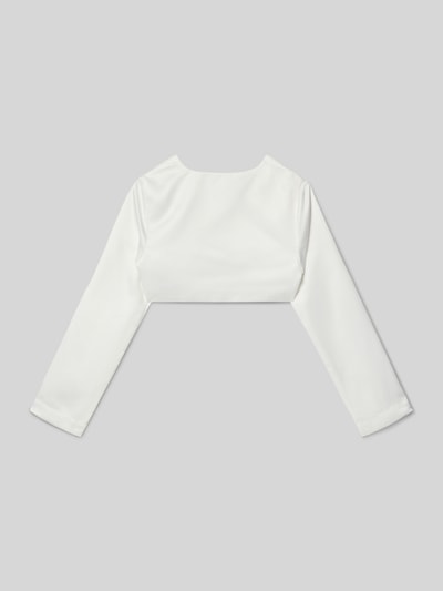 Produktfoto, Bolero aus Satin mit offener Vorderseite van Happy Girls, wit, cropped, gladde textuur, lange mouwen, ruglengte 25 cm, schouderbreedte 31 cm, mouwlengte 49 cm