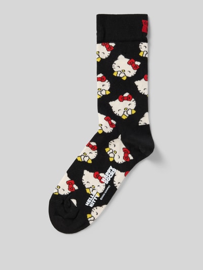 Produktfoto, schwarze Socken aus Baumwoll-Mix mit buntem Hello Kitty Motiv, elastisches Rippenbündchen, Label-Detail, Modell 'HELLO KITTY LAUGHING' von Happy Socks, Damen Socken